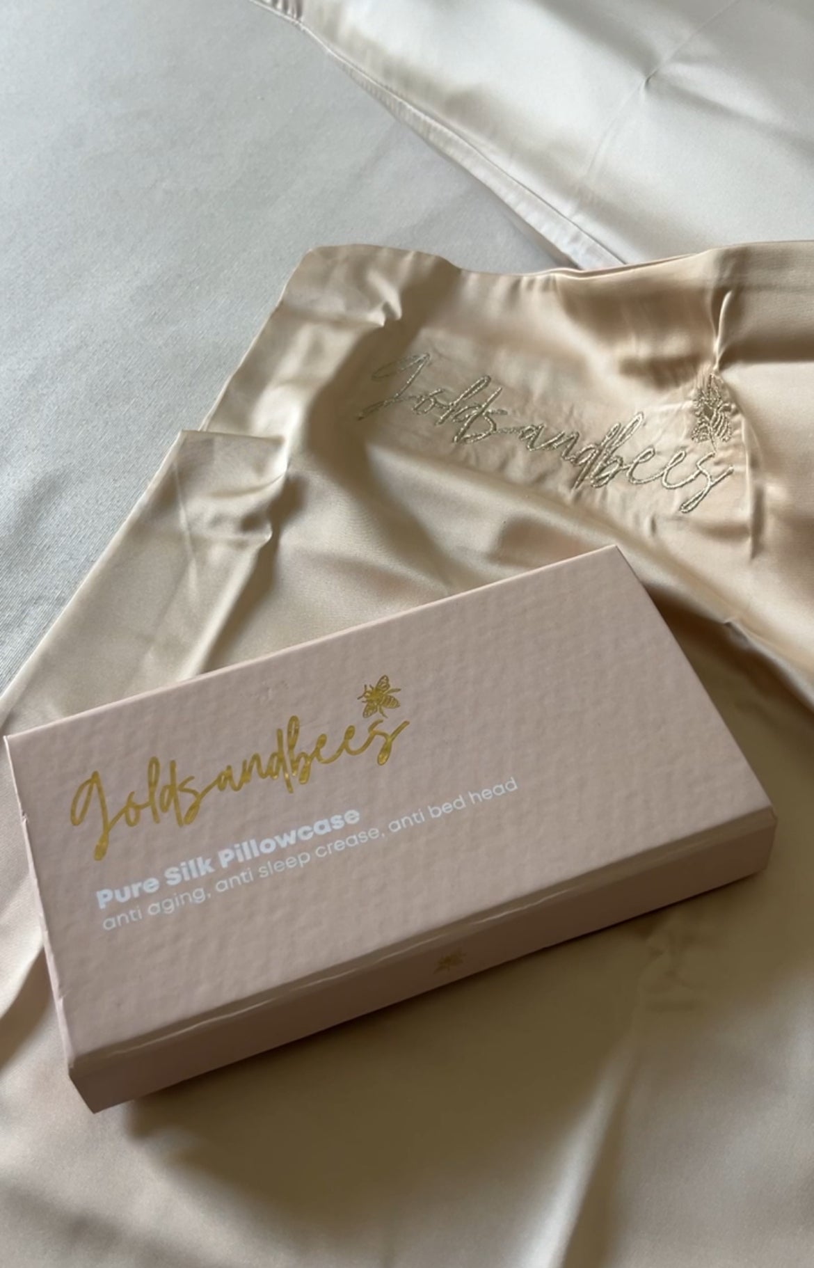 PURE SILK PILLOW CASE- Beige/embroidered with gold